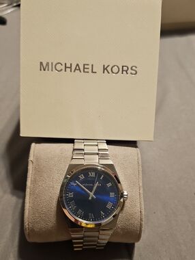 Michael Kors Silver Watch with Blue Dial and Roman Numerals